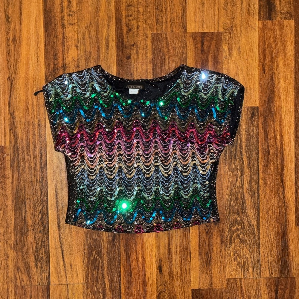 Vintage City Limits Sequin Crop Top Multicolor Chevron Metallic Black Medium